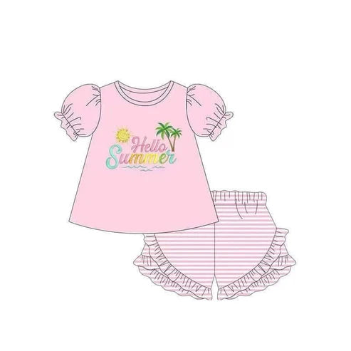 3.23 GSSO2392 Baby Girls Pink Short Ruffle Sleeves Beach Tunic Stripe Ruffle Shorts Set Preorder