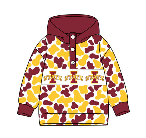 10.15  Custom Moq 8 Baby Boys Red Yellow Camo State Team Button Hoodies Top