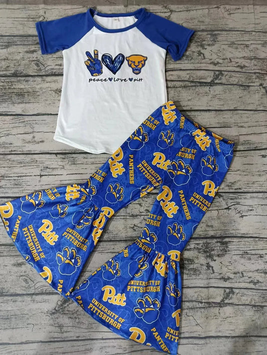 8.21  Custom MOQ 5 Baby Girls Peace Love Pitt Team Short Sleeve Tee Bell Pants Clothing Sets
