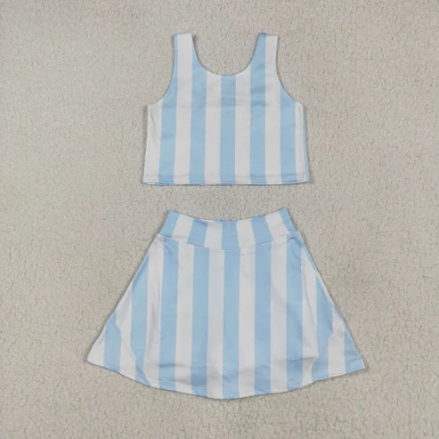 5.3 GSD2433 Baby Girls Blue Stripes Athletic Active Wear Top Shorts Skirts Outfit