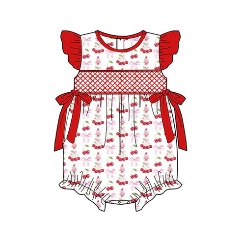 3.22 SR2925 Baby Infant Girls Red Flutter Sleeves Cherry Bows Top Ruffle Rompers Preorder