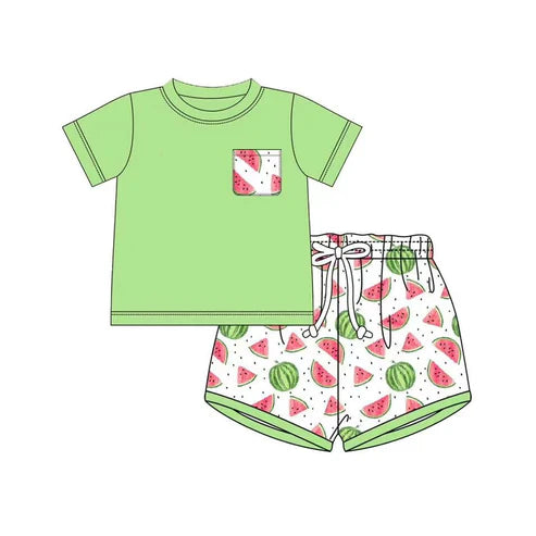 BSSO1395 Baby Boys Watermelon Pocket Tee Shirts Shorts Clothes Sets preorder