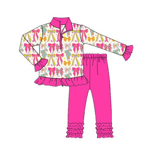 7.26 GLP2616 Baby Girls Long Ruffle Sleeves Pink Bows Stars Zipper Top Legging Pants Set Preorder