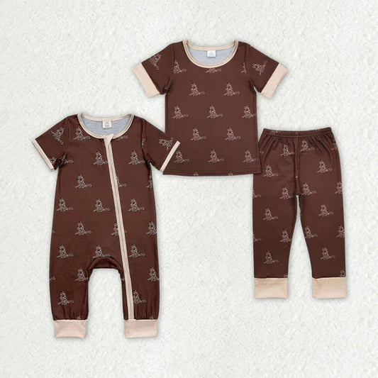 4.8 RTS NO MOQ Sibling Brother Bamboo Pajamas Clothes 50%cotton +45%bamboo +5%spandex Brown Camo Duck Sibling Rompers Pajamas Clothes Sets