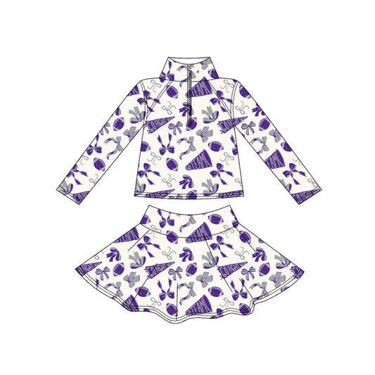 9.3  GLD1287 Baby Girls Purple Bows Go Team Yoga Zipper Pullovers Skorts Clothes Set Preorder