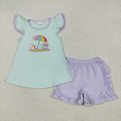 6.2 GSSO2553 Embroidered Baby Girls Flutter Sleeves Beach Tunic Lavender Stripe Ruffle Short Set