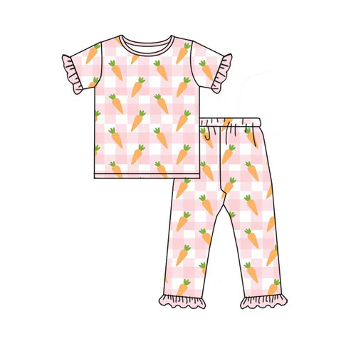 10.2 GSPO2096 Baby Girls Pink Checked Carrots Top Ruffle Pants Easter Pajamas Sets Preorder