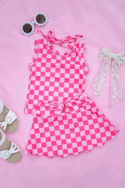 5.19 GSD2584 Baby Girls Sleeveless Pink Plaid Top Pockets Short Skirts Set Preorder
