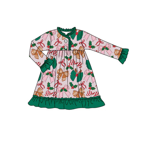 6.27 GLD1159 Baby Girls Long Ruffle Sleeves Colorful Bows Button Knee Length Dresses Preorder