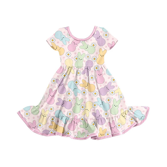 9.27 GSD2826 Baby Girls Colorful Rabbits Flowers Ruffle Easter Knee Length Dresses Preorder