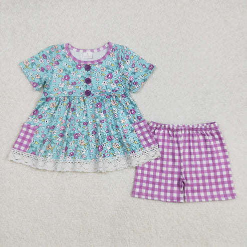 L-3.8 GSSO2011 Baby Girls Blue Flowers Pockets Tunic Shorts Clothes Set