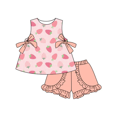 GSSO2343 Baby Girls Pink Plaid Sleeveless Strawberry Tunic Ruffle Short Set Preorder