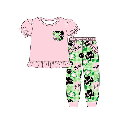 10.1 GSPO2090 Baby Girls Pink Ruffle Top Clovers Lucky Pocket Jogger St Patrick Clothes Sets Preorder