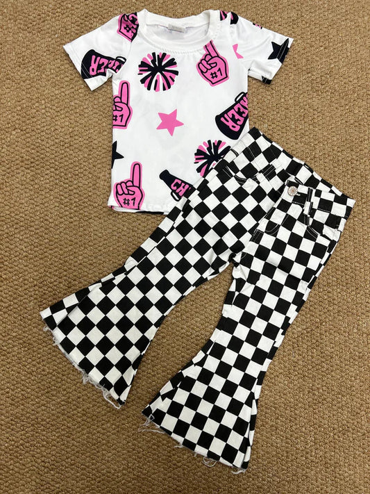 8.2 GT0994+P0349 Baby Girls Cheer Pink Shirt Black Checkered Bell Denim Pants Clothes Set