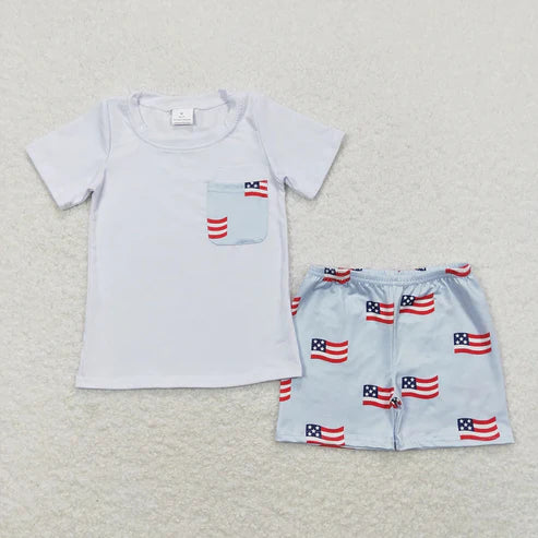4.19  2 Colors Sibling Baby Boys 4th of July Flags Pocket Shirts Shorts Outfits