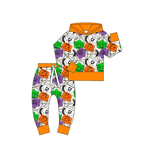 6.10 Custom Moq 3 Baby Kids Halloween Pumpkin basket Hoodies Top Pant Set