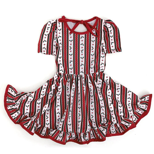 6.12  GSD2612 Baby Girls Short Sleeves Red Black Bows Stripes Ruffle Knee Length Dresses Preorder