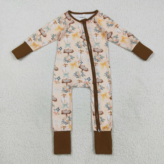8.21 LR2462 Baby Boys Long Sleeves Pumpkins Patch Bows Zipper Pant Romper