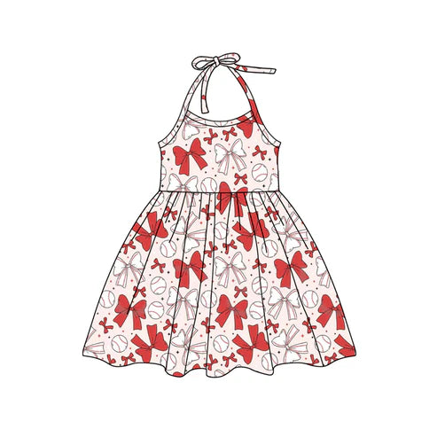 GSD2147 Baby Girls Red Bows Baseball Halter Knee Length Dresses preorder