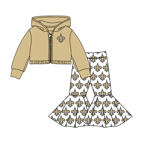 8.1 Custom Moq 5 Baby girls Khaki Saint team hooded shirt bell bottom pants sets