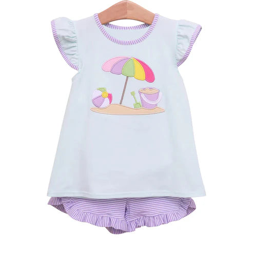 4.18 GSSO2553 Baby Girls Flutter Sleeves Beach Tunic Lavender Stripe Ruffle Short Set Preorder