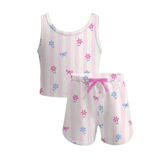 4.4 GSSO2476 Baby Girls Pink Stripe Sleeveless Bows Flowers Set Preorder