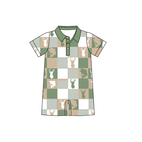 10.23  SR3327 Baby Boys Deer Fishes Checked Button Hunting Rompers Preorder