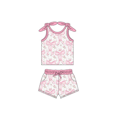 3.21 GSSO2376 Baby Girls Pink Strap Bows Floral Top Pockets Short Clothes Set Preorder