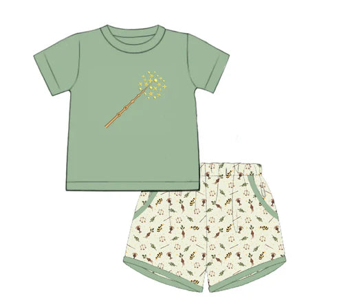 4.1 BSSO1455 Baby Boys Green Short Sleeves Magic Stick Top Pockets Short Set Preorder