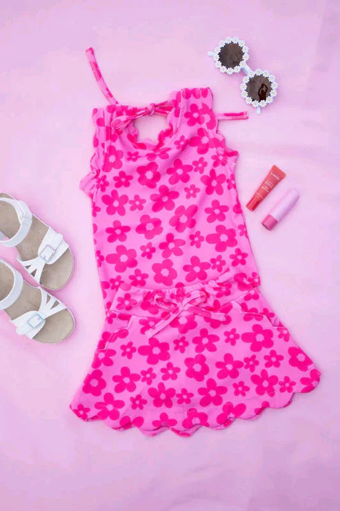 5.19 GSD2583 Baby Girls Sleeveless Hot Pink Flowers Top Pockets Short Skirts Set Preorder