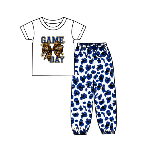 10.8 Custom Moq 5 Baby Kids Game Day Team Top Blue Leopard Pants Clothes Sets