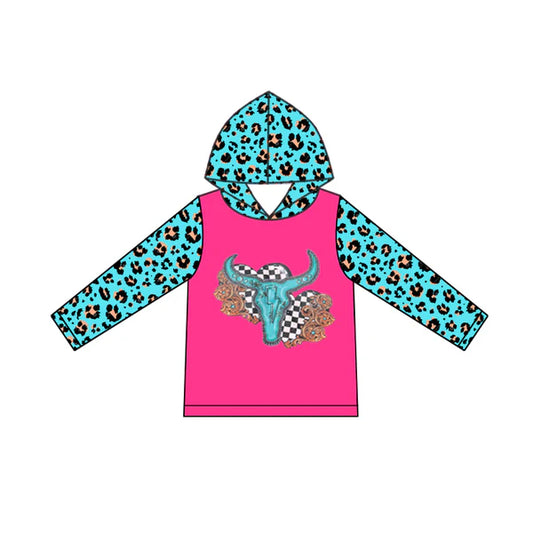5.28 GT0776 Baby Girls Western Cow Hearts Leopard Long Sleeve Hooded Tops Preorder