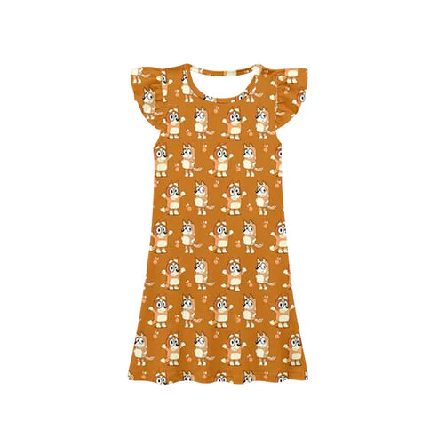 GSD1632 Baby Girls Orange Dogs Flutter Sleeve Knee Length Dresses Preorder