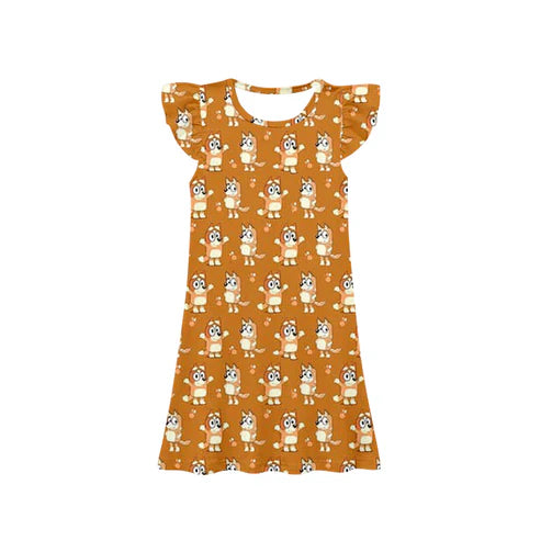 GSD1632 Baby Girls Orange Dogs Flutter Sleeve Knee Length Dresses Preorder