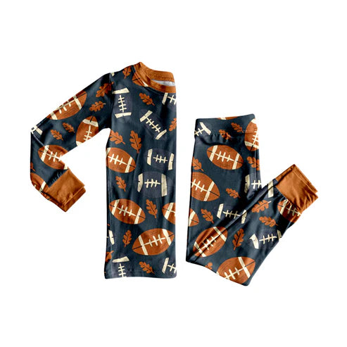 8.5 BLP1215 Baby Boys Leaves Footballs Plaid Top Pant Fall Pajamas Set Preorder