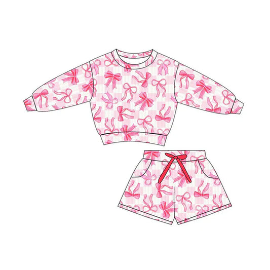 12.9 MOQ：5pcs GLS0075 pre-order toddler girl clothes pink bows print girl summer set