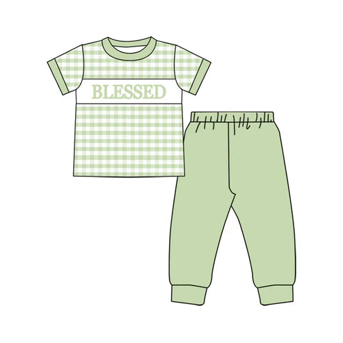 10.20 BSPO0604 Baby Boys Green Checked Blessed Top Jogger Pants Clothes Sets Preorder