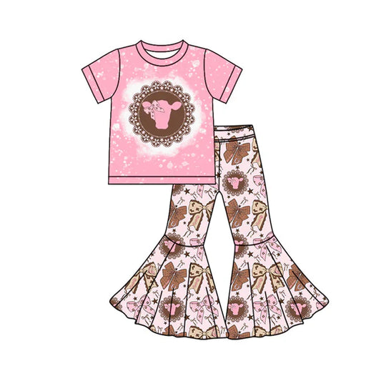 12.15 MOQ：5pcs GSPO2243 pre-order toddler girl clothes bows print girl bell bottom pant set