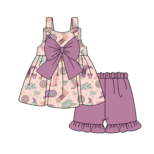 3.17 GSSO2328 Baby Girls Pink Strap Boots Hats Tunic Purple Ruffle Short Clothes Set Preorder