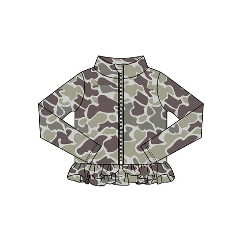 10.24 GT1319 Baby Girls Brown Camo Ruffle Yoga Zipper Jackets Top Preorder