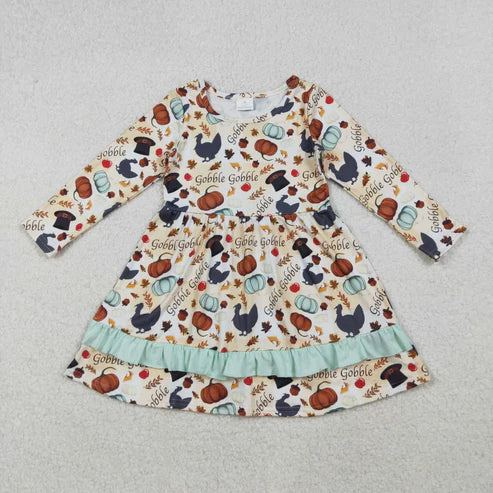 10.17 GLD0789 Baby Girls Thanksgiving Turkey Pumpkins Ruffle Knee Length Dress