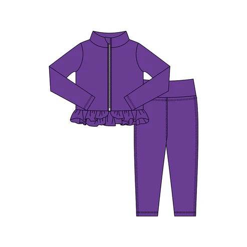 10.24 GLP3009 Baby Girls Purple Zipper Jackets Ruffle Top Leggings Yoga Clothes Sets Preorder