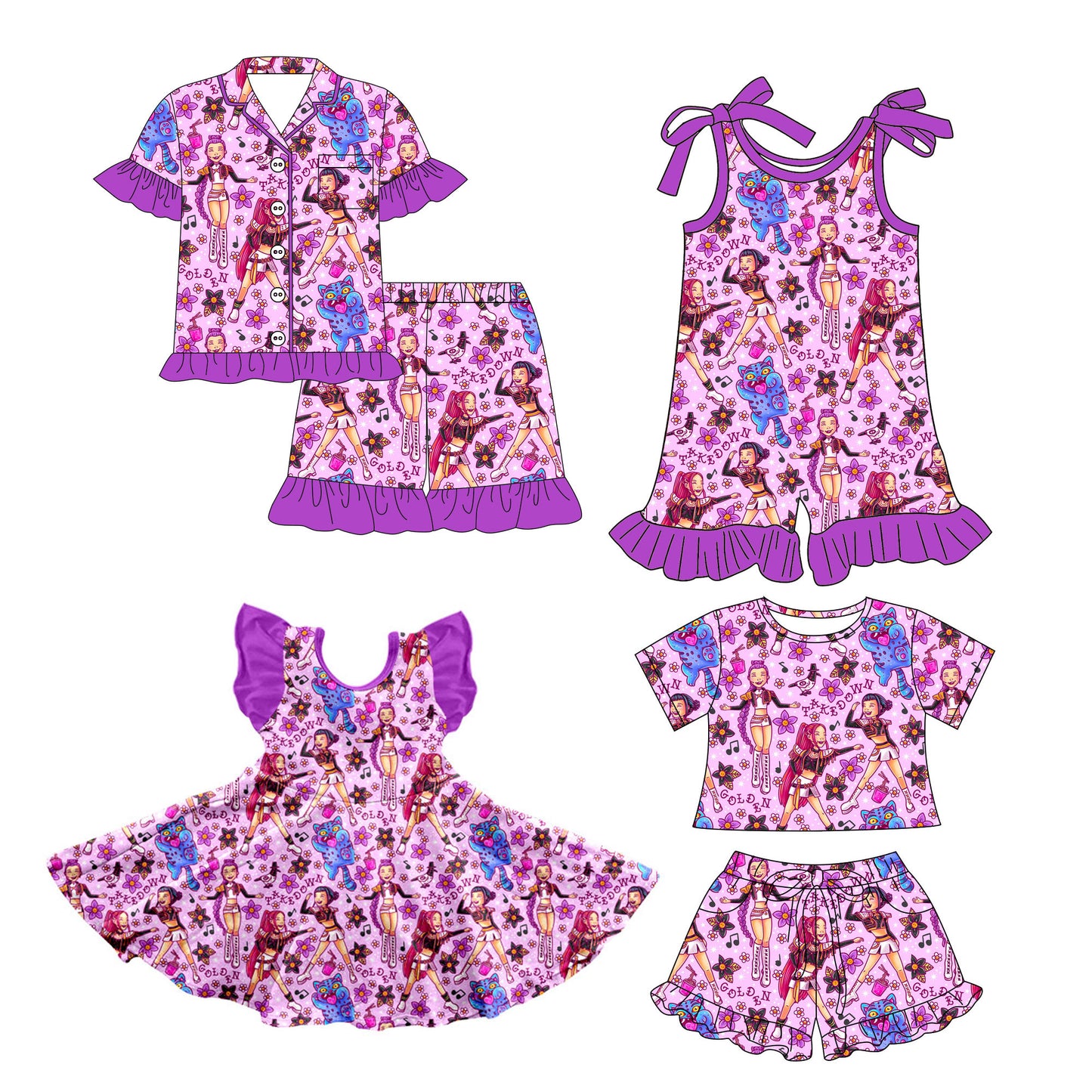 26.1.5 Custom MOQ:3 or 5 pcs each design milk silk Sibling baby girl clothes cartoon short sleeve shorts sets 2 and jumpsuit and dress