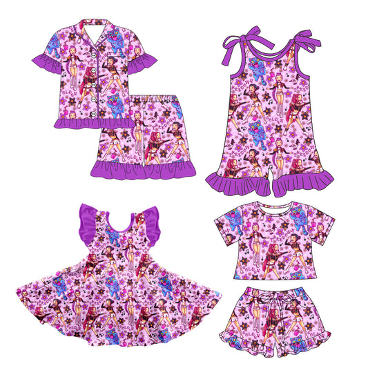 26.1.5 Custom MOQ:3 or 5 pcs each design milk silk Sibling baby girl clothes cartoon short sleeve shorts sets 2 and jumpsuit and dress