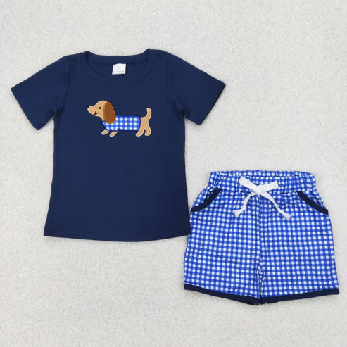 4.1  BSSO1227 Embroidery Baby Boys Navy Dachshund Shirt Checkered Shorts Clothes Set