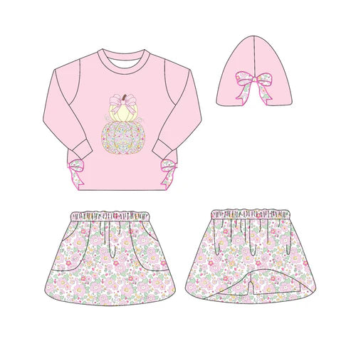 6.27 GLD1173 Baby Girls Pink Long Sleeves Bows Pumpkins Top Flowers Skorts Set Preorder