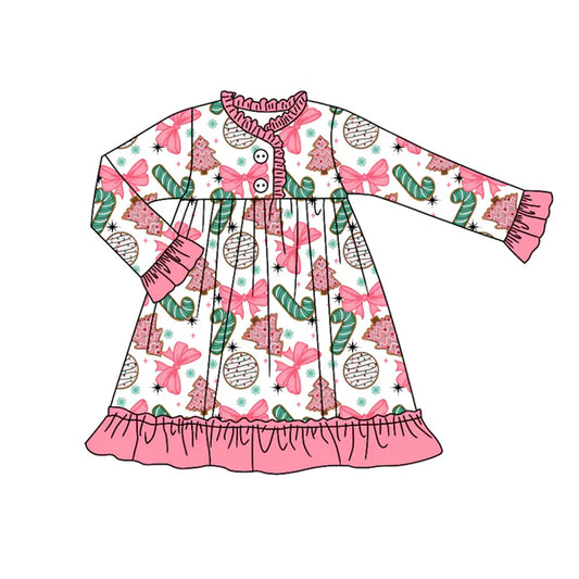 7.25 GLD1229 Baby Girls Long Sleeves Button Christmas Trees Candy Cane Ruffle Knee Length Dress Preorder