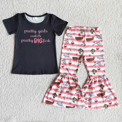 4.14 RTS NO MOQ E1-14 Kids Clothing Girls Short Sleeve Top And Long Pants Cartoon Print