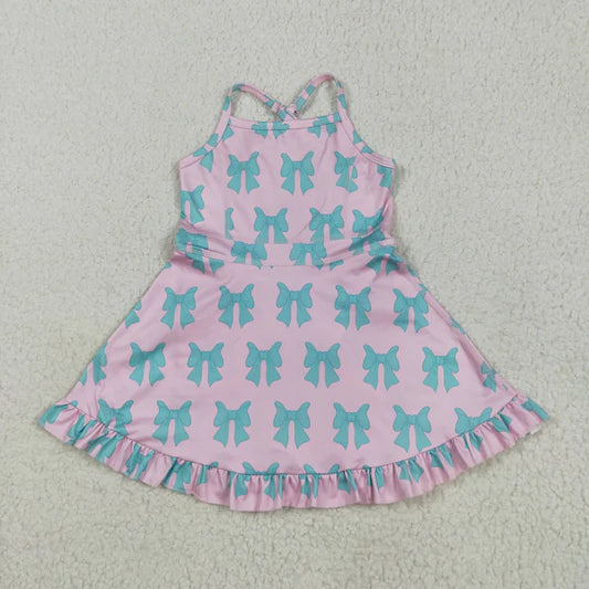 5.27 GSD2293 Baby Girls Pink Strap Green Bows Yoga Ruffle Knee Length Dress