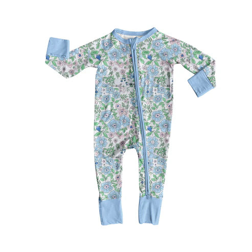 10.21  LR2756 Baby Girls Long Sleeve Blue Pink Flowers Zipper Footie Rompers Preorder